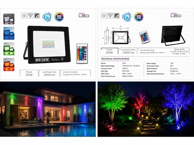 4 x rgb led floodlight 30w - zwart – ip65 – remix-30 - afbeelding 5 van  5