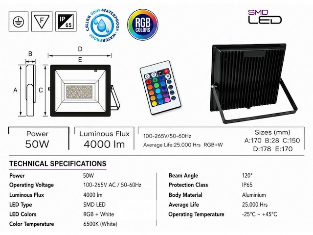 4 x rgb led floodlight 50w - zwart – ip65 – remix-50 - afbeelding 5 van  6