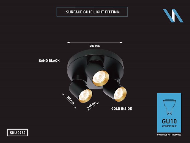 4 x rond gu10 opbouwspot armatuur triple cilinder zand zwart en goud draaibaar - afbeelding 7 van  8