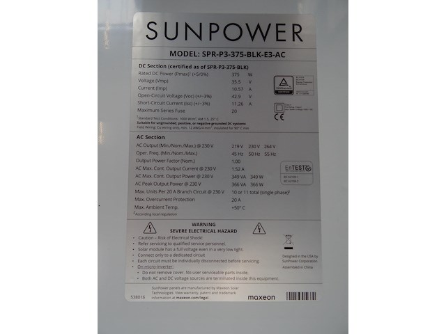 4 x zonnepaneel sunpower p3 375 ac (1.500 wp) - afbeelding 4 van  4