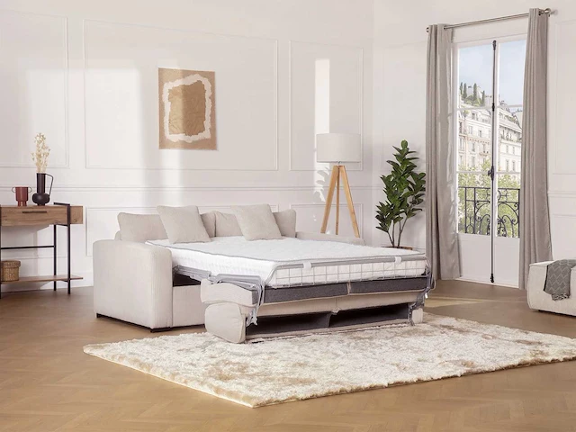 4-zits cabrio bank in beige ribfluwelvleugel - bed met brede latten 160 cm - matras 18 cm - afbeelding 1 van  7