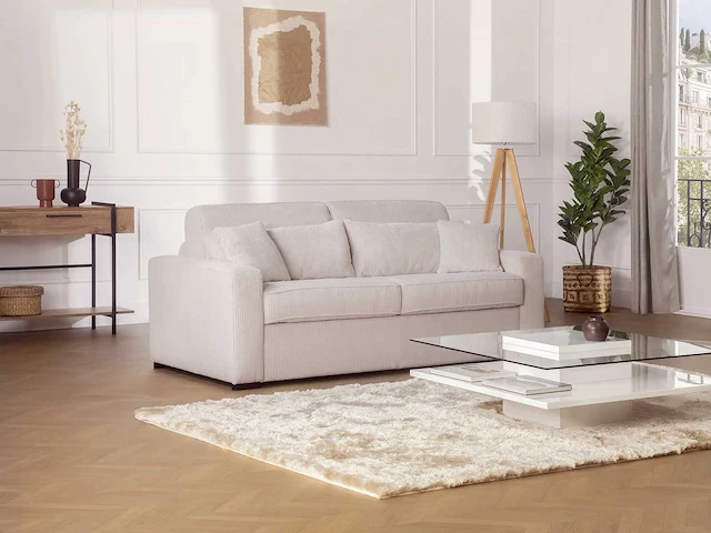 4-zits cabrio bank in beige ribfluwelvleugel - bed met brede latten 160 cm - matras 18 cm - afbeelding 2 van  7