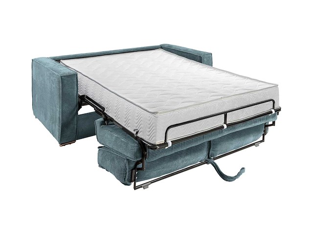 4-zits cabrioletbank express in turquoise blauwe ribfluwelen - bed met brede latten 160 cm - matras 22 cm - afbeelding 1 van  8