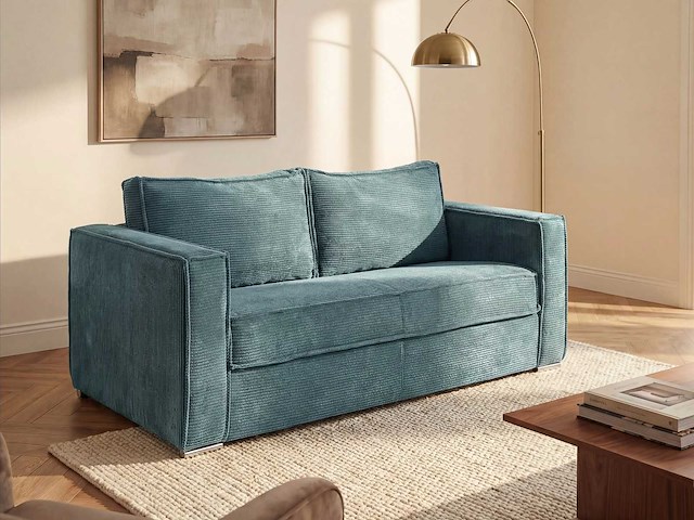 4-zits cabrioletbank express in turquoise blauwe ribfluwelen - bed met brede latten 160 cm - matras 22 cm - afbeelding 2 van  8