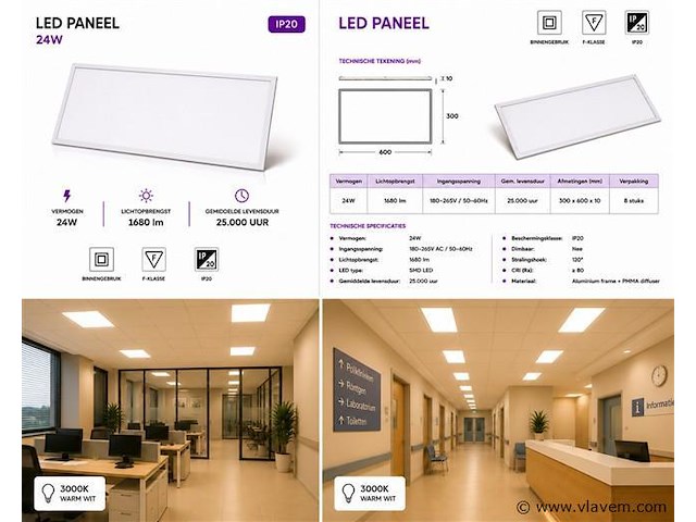40 x led paneel 24w – 3000k warm wit - 595x295mm – ip20 – zodiac-24 - afbeelding 5 van  5