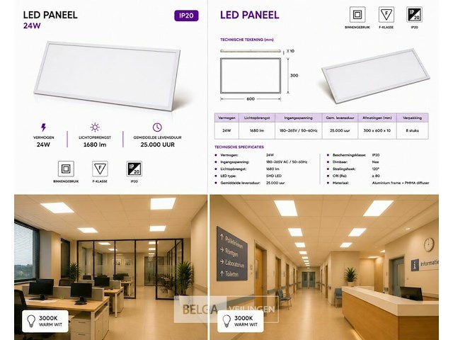 40 x led paneel 24w – 3000k warm wit - 595x295mm – ip20 – zodiac-24 - afbeelding 6 van  6