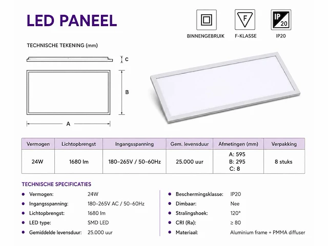 40 x led paneel 24w – 4200k neutraal wit - 595x295mm – ip20 – zodiac-24 - afbeelding 4 van  5