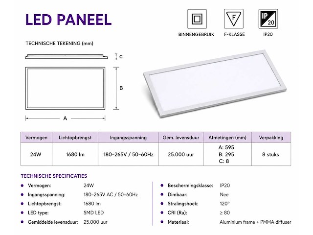 40 x led paneel 24w – 6400k koud wit - 595x295mm – ip20 – zodiac-24 - afbeelding 4 van  5
