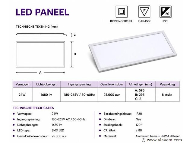 40 x led paneel 24w – 6400k koud wit - 595x295mm – ip20 – zodiac-24 - afbeelding 4 van  5