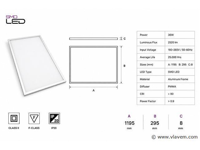 40 x led paneel 36w – 6400k koud wit - 1195x295mm – ip20 – zodiac-36 - afbeelding 4 van  5