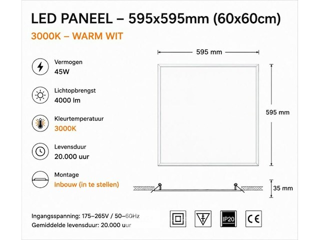 40 x led paneel 45w – 3000k warm wit - 595x595mm – ip20 – galaksi - afbeelding 5 van  6
