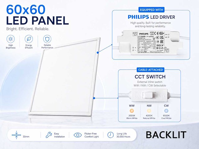 40w 3 kleur cct 60*60 inbouw backlit led panelen philips driver(6x) - afbeelding 7 van  8