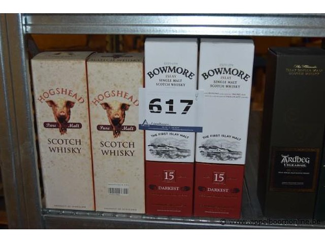 4x fles whisky, wo. 2x hogshead pure malt scotch whisky, 70cl, 2x bowmore islay single malt scotch whisky, 15 years darkest - afbeelding 1 van  3