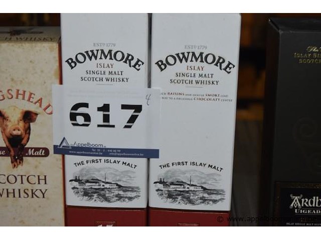 4x fles whisky, wo. 2x hogshead pure malt scotch whisky, 70cl, 2x bowmore islay single malt scotch whisky, 15 years darkest - afbeelding 2 van  3