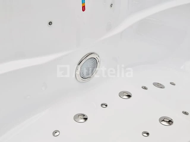 5 persoons outdoor spa 208x208 cm - incl. 2 ligbedden - wit bad / naturel houten kleur zijkant - afbeelding 16 van  24