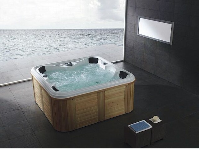5 persoons outdoor spa 208x208 cm - incl. 2 ligbedden - wit bad / naturel houten kleur zijkant - afbeelding 1 van  22