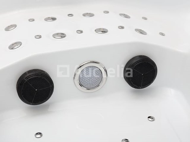 5 persoons outdoor spa 208x208 cm incl. 2 ligbedden - wit bad / mahonie kleur zijkant - afbeelding 10 van  21