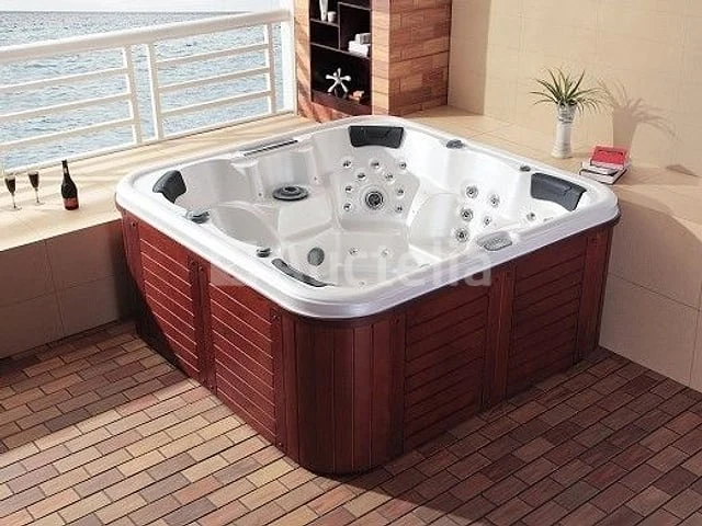 5 persoons outdoor spa 208x208 cm incl. 2 ligbedden - wit bad / mahonie kleur zijkant - afbeelding 15 van  21