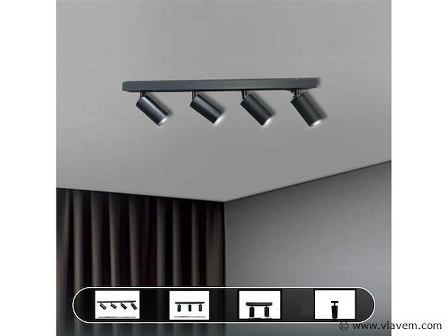 5 x gu10 opbouwspot armatuur – 4 draaibare spots – ip20 – zwart - afbeelding 4 van  5