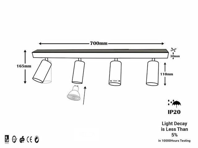 5 x gu10 opbouwspot armatuur – 4 draaibare spots – ip20 – zwart - afbeelding 6 van  6