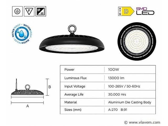 5 x led highbay ufo – 100w – 6400k koud wit – ip65 – agora-100 - afbeelding 4 van  5