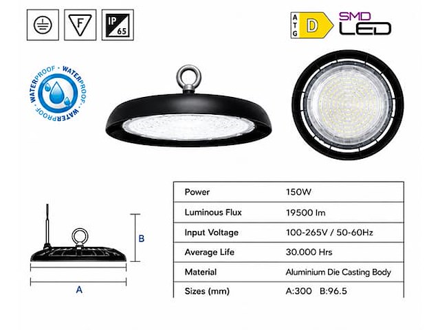 5 x led highbay ufo – 150w – 6400k koud wit – ip65 – agora-150 - afbeelding 5 van  5
