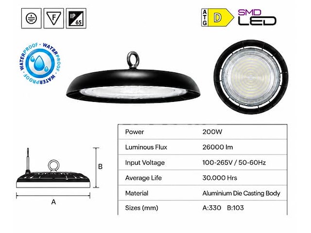 5 x led highbay ufo – 200w – 6400k koud wit – ip65 – agora-200 - afbeelding 2 van  5