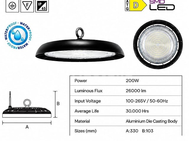 5 x led highbay ufo – 200w – 6400k koud wit – ip65 – agora-200 - afbeelding 1 van  5