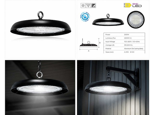 5 x led highbay ufo – 200w – 6400k koud wit – ip65 – agora-200 - afbeelding 5 van  5
