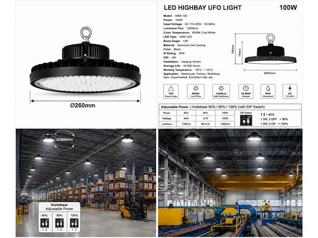 5 x led highbay ufo pro 100w – instelbaar 60% / 80% / 100% – 6500k – web-100 - afbeelding 5 van  6