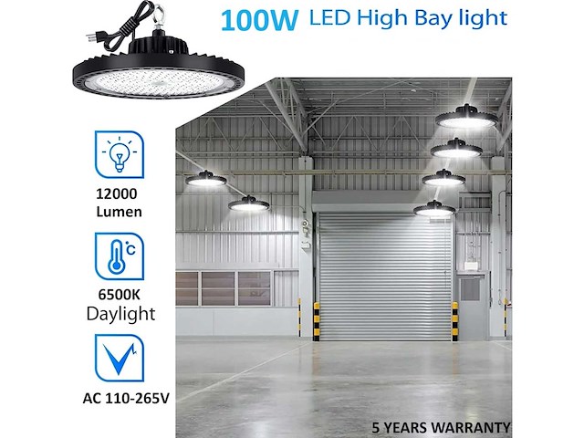 5 x led highbay ufo pro 100w – instelbaar 60% / 80% / 100% – 6500k – web-100 - afbeelding 1 van  6