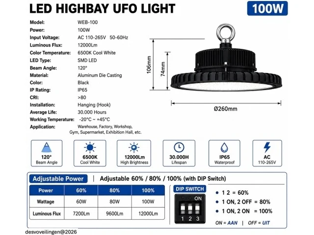 5 x led highbay ufo pro 100w – instelbaar 60% / 80% / 100% – 6500k – web-100 - afbeelding 6 van  7