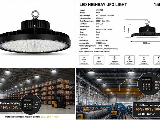 5 x led highbay ufo pro 150w – instelbaar 60% / 80% / 100% – 6500k – web-150 - afbeelding 3 van  6