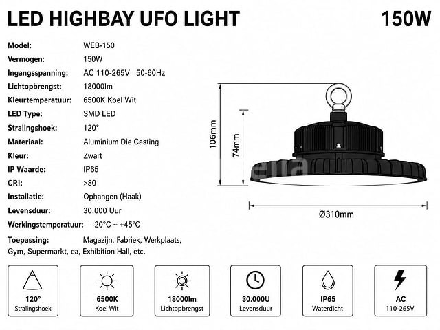 5 x led highbay ufo pro 150w – instelbaar 60% / 80% / 100% – 6500k – web-150 - afbeelding 6 van  6