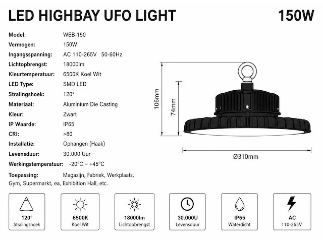 5 x led highbay ufo pro 150w – instelbaar 60% / 80% / 100% – 6500k – web-150 - afbeelding 5 van  6