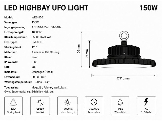 5 x led highbay ufo pro 150w – instelbaar 60% / 80% / 100% – 6500k – web-150 - afbeelding 6 van  7