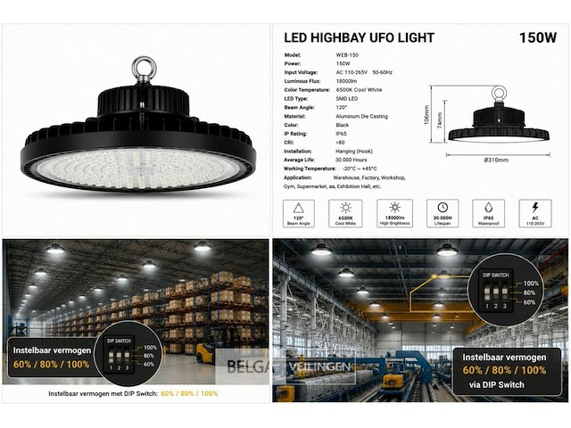 5 x led highbay ufo pro 150w – instelbaar 60% / 80% / 100% – 6500k – web-150 - afbeelding 7 van  7