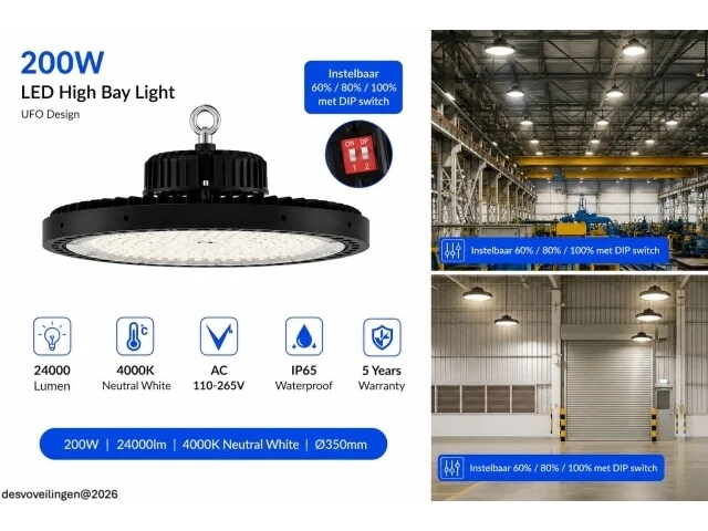 5 x led highbay ufo pro 200w – instelbaar 60% / 80% / 100% – 4000k – web-200 - afbeelding 4 van  6