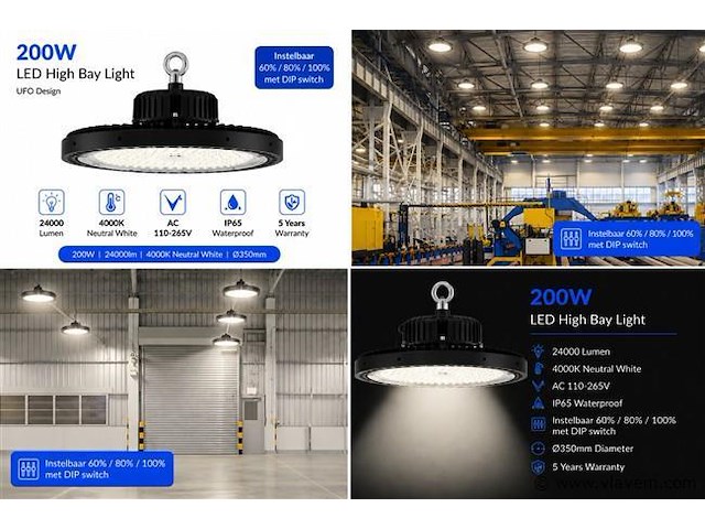 5 x led highbay ufo pro 200w – instelbaar 60% / 80% / 100% – 4000k – web-200 - afbeelding 5 van  5