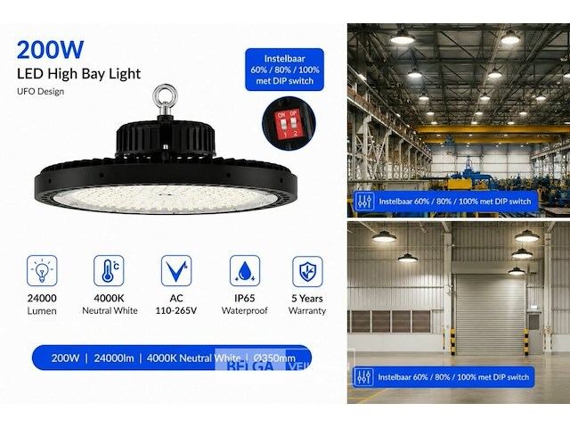 5 x led highbay ufo pro 200w – instelbaar 60% / 80% / 100% – 4000k – web-200 - afbeelding 4 van  6