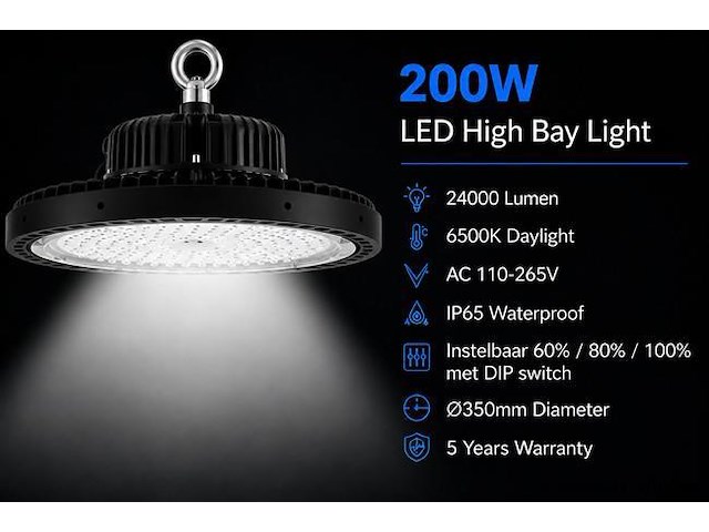 5 x led highbay ufo pro 200w – instelbaar 60% / 80% / 100% – 6500k – web-200 - afbeelding 1 van  6