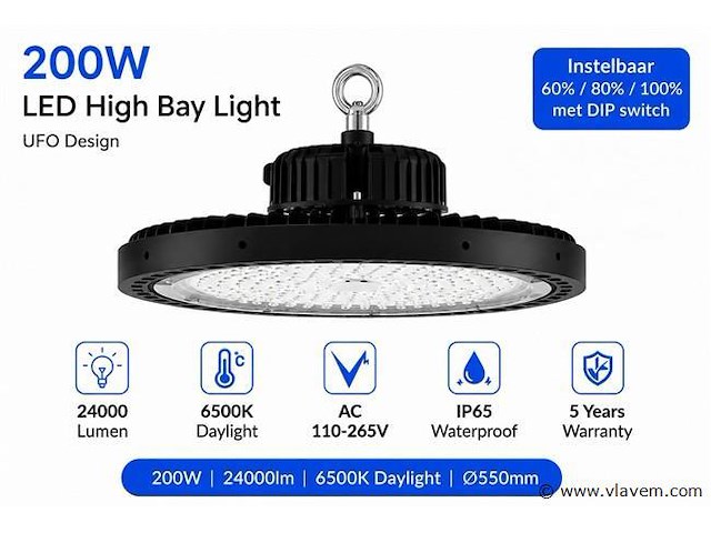 5 x led highbay ufo pro 200w – instelbaar 60% / 80% / 100% – 6500k – web-200 - afbeelding 3 van  6