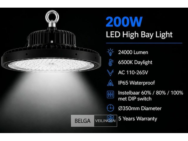 5 x led highbay ufo pro 200w – instelbaar 60% / 80% / 100% – 6500k – web-200 - afbeelding 2 van  7