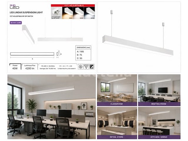 5 x led lineaire hanglamp 40w – 3cct instelbaar - wit – innova3-40 3cct - afbeelding 4 van  5