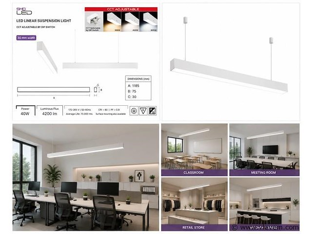 5 x led lineaire hanglamp 40w – 3cct instelbaar - wit – innova3-40 3cct - afbeelding 5 van  5