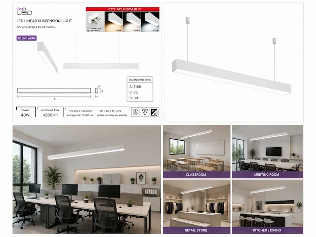 5 x led lineaire hanglamp 40w – 3cct instelbaar - wit – innova3-40 3cct - afbeelding 5 van  5