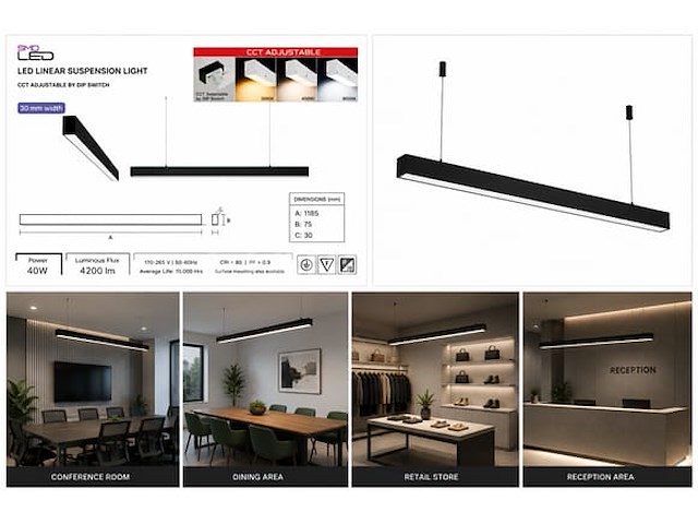 5 x led lineaire hanglamp 40w – 3cct instelbaar - zwart – innova3-40 3cct - afbeelding 4 van  5