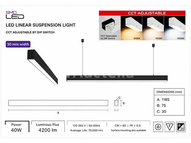 5 x led lineaire hanglamp 40w – 3cct instelbaar - zwart – innova3-40 3cct - afbeelding 5 van  5