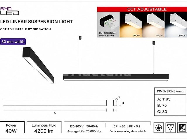 5 x led lineaire hanglamp 40w – 3cct instelbaar - zwart – innova3-40 3cct - afbeelding 5 van  5