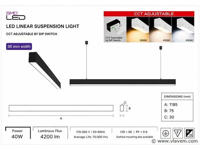 5 x led lineaire hanglamp 40w – 3cct instelbaar - zwart – innova3-40 3cct - afbeelding 4 van  5